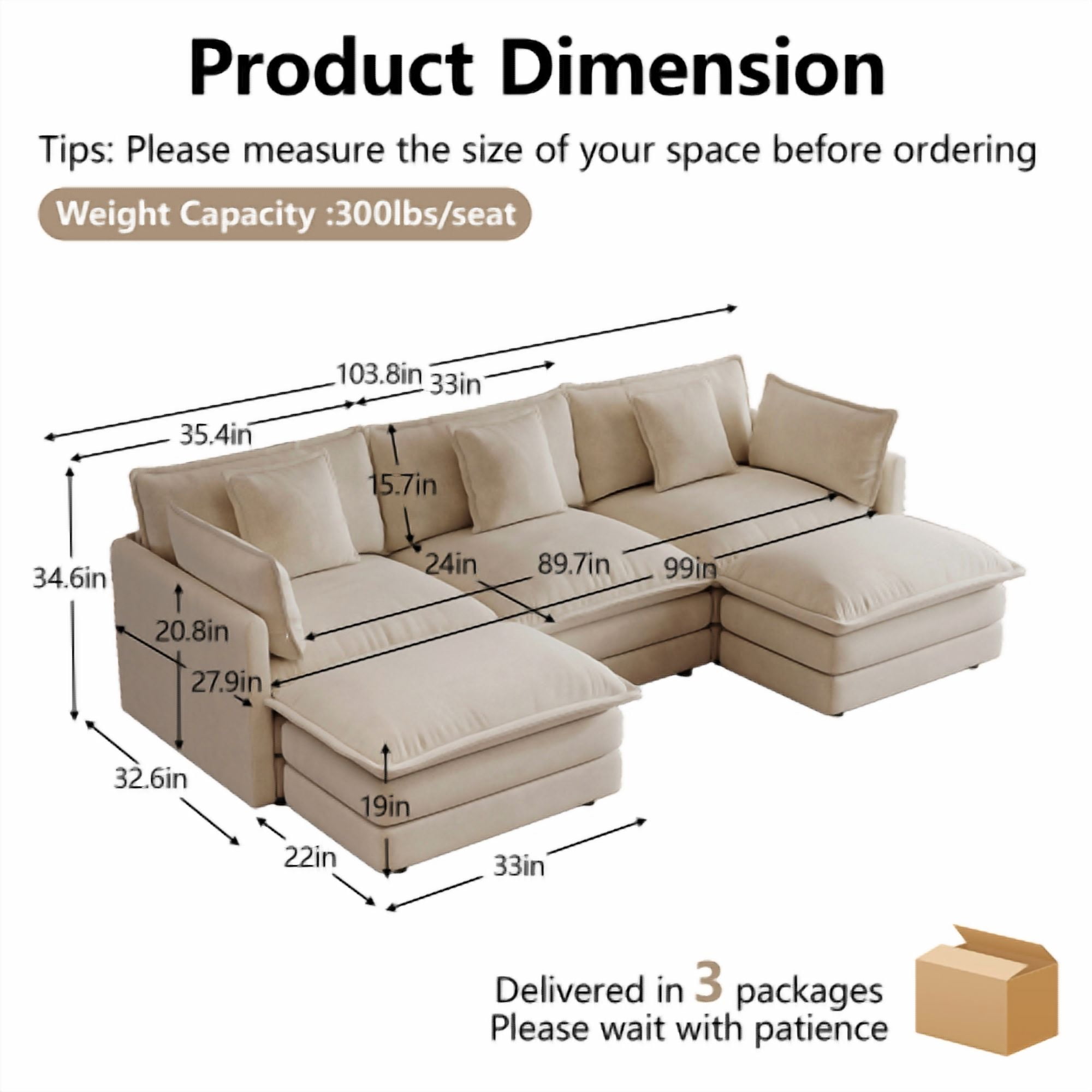 103.8" Chenille U-Shaped Sectional Sofa with Reversible Ottoman, 3-Seater Modular Couch with 2 Ottomans, Light coffee