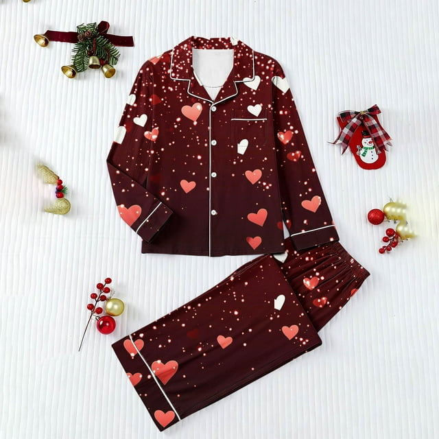 TaTaai Women's Pocket Pajama Set, Long Sleeve Printed Loungewear, Valentine's Day Homewear, Romantic Two Piece Outfit Gift