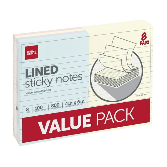 Office Depot® Brand Self-Stick Notes, Lined, 4" x 6", Assorted Pastel Colors, 100 Sheets Per Pad, Pack Of 8