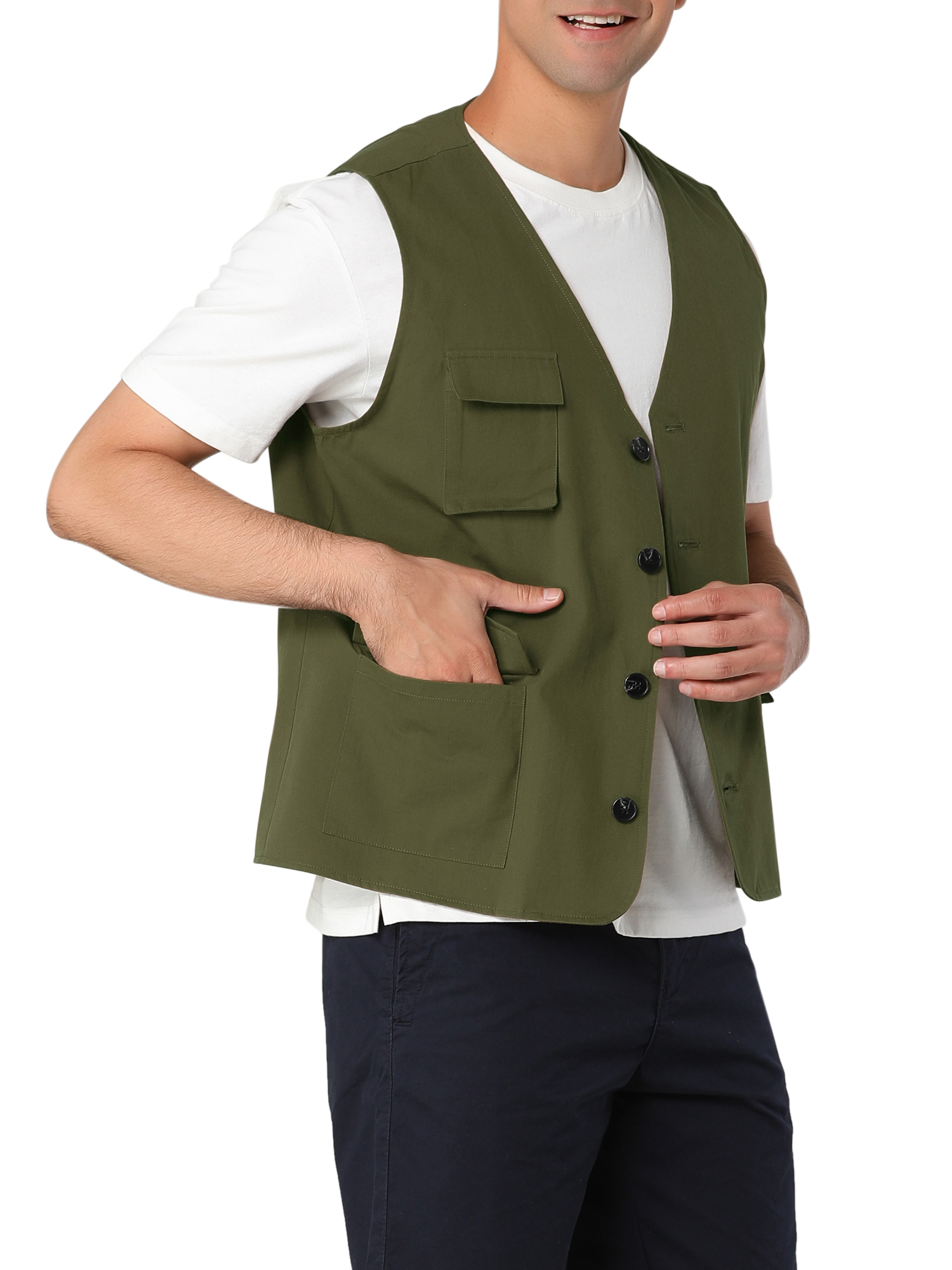 MODA NOVA Big & Tall Men's Waistcoats Casual Cotton Sleeveless Pockets Button Down V Neck Cargo Vests Green LT - image 4 of 5