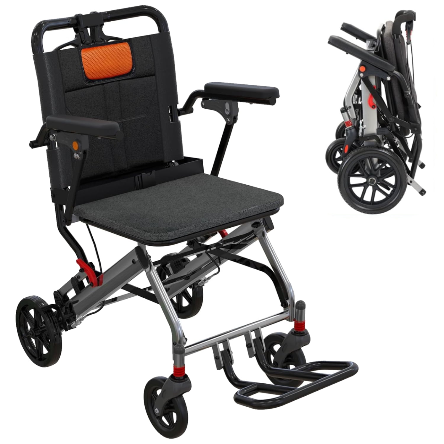 Garvee Wheelchairs for Adults, Transport Chairs Lightweight Foldable with Locking Handbrake & Swinging Footrests, 16" Seat, Gray Orange