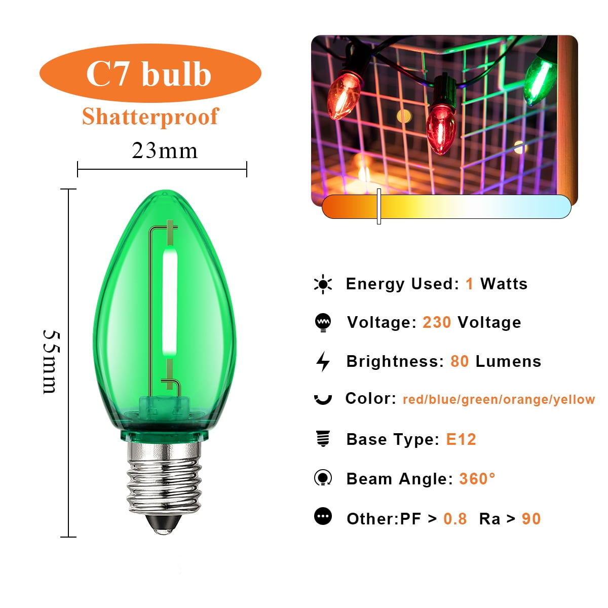 65FT C7 LED Colorful Bulbs Outdoor String Lights with 48+2 Shatterproof Bulbs, Multi-Color Light Bulbs for Christmas Wedding Patio Garden Decoration