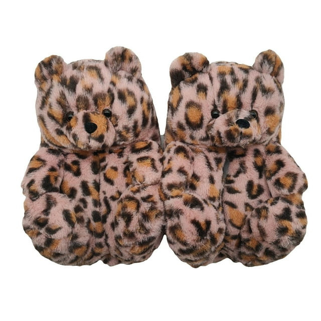 Teddy Bear Slippers For Women, Cute Indoor Non-Slip Warm Slippers(Pink Leopard)