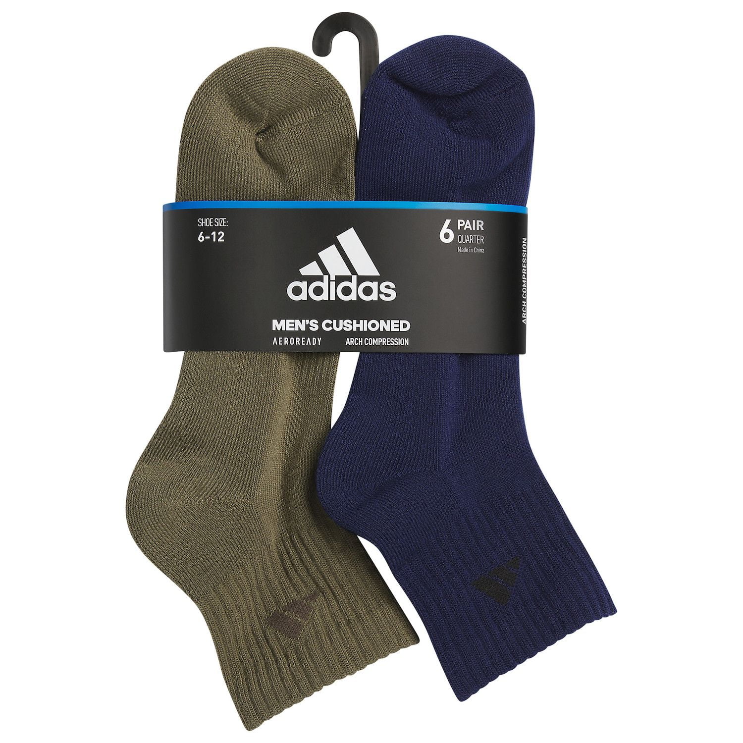 Men's adidas 6-pack Athletic Cushioned Quarter Socks Color: Olive Blue Grey Size: 8-12