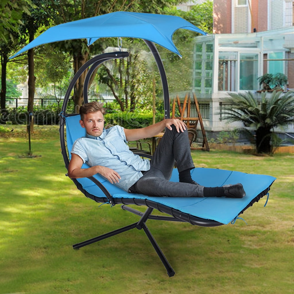 Hanging Curved Steel Chaise Lounge Chair Swing W/Builtin Pillow and