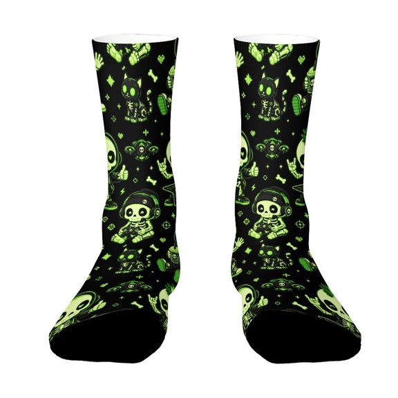 FabriLora Glowing Neon Green Skeleton Cyber Style Funny Novelty Crew Socks for Women Men Sports