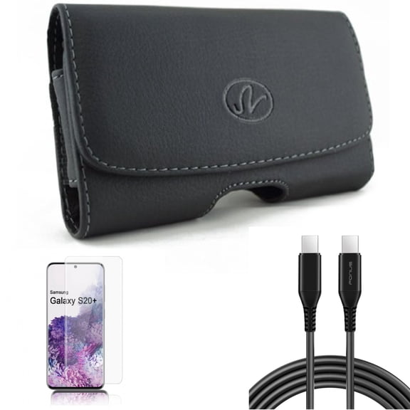 Screen Protector w Case Belt Clip w 6ft Long USB-C Cable for Samsung Galaxy S20 Plus - Tempered Glass [Fingerprint Unlock] 3D Curved Edge, Leather Swivel Holster, PD Fast Charger fits Galaxy S20 Plus