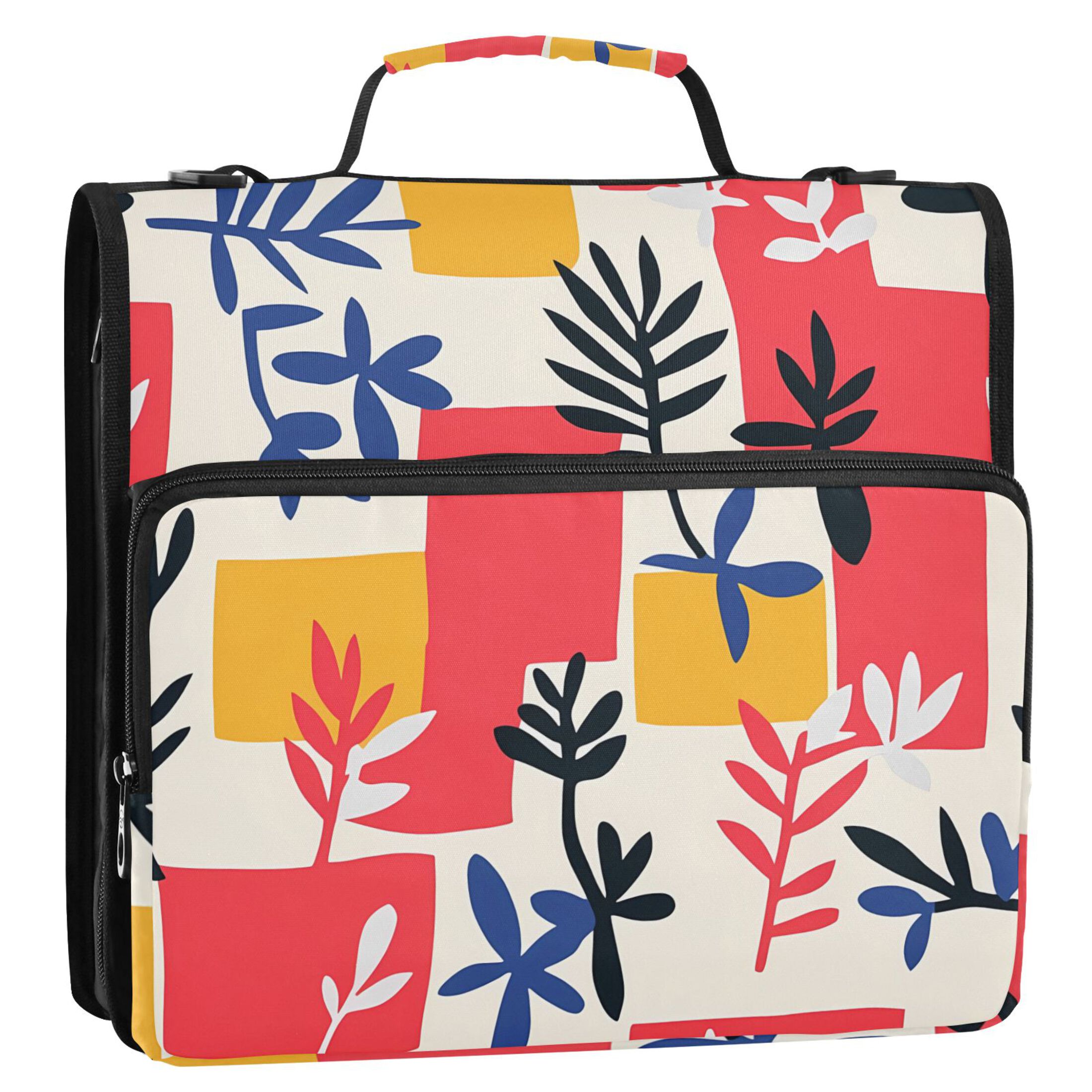 3 Ring Zipper Binder with Shoulder Strap Waterproof Trapper Keeper 2 Inch D-Ring 500 Sheets Capacity Colorful Plants and Squares