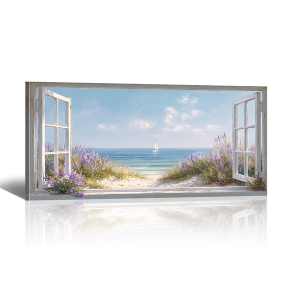 Ocean Boat Canvas Wall Art - Large Lavender Beach Open Window Canvas Print Tropical Seaside Horizontal Artwork Painting for Living Room Bedroom Home Decor