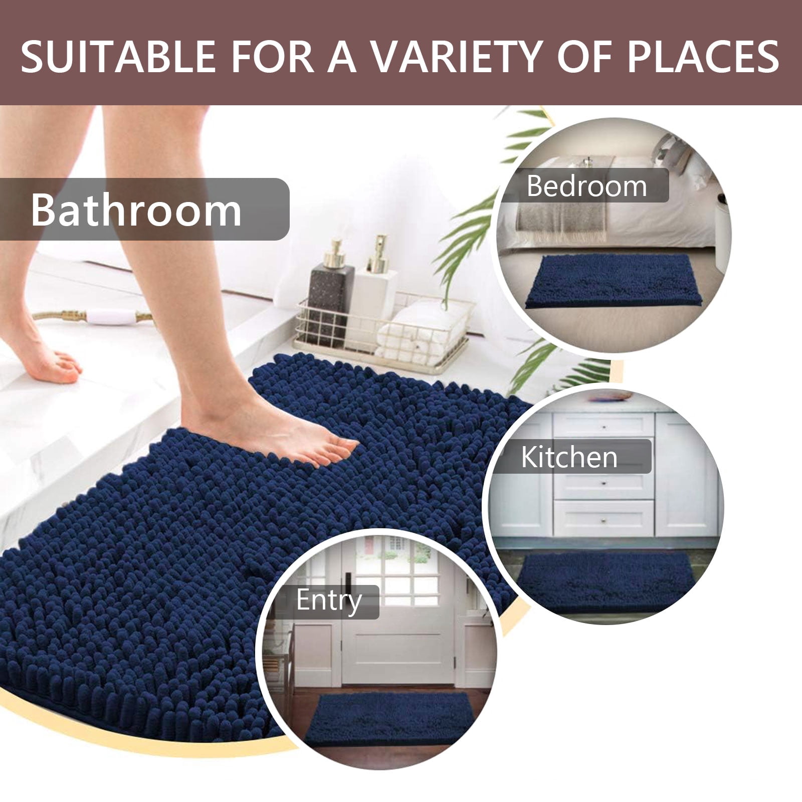 Hengbo 2 Pcs Luxury Chenille Bathroom Mat Set Bathroom Rugs Set Non Slip Rugs Set for Bathroom Extra Absorbent Soft Washable Machine Wash Navy Blue