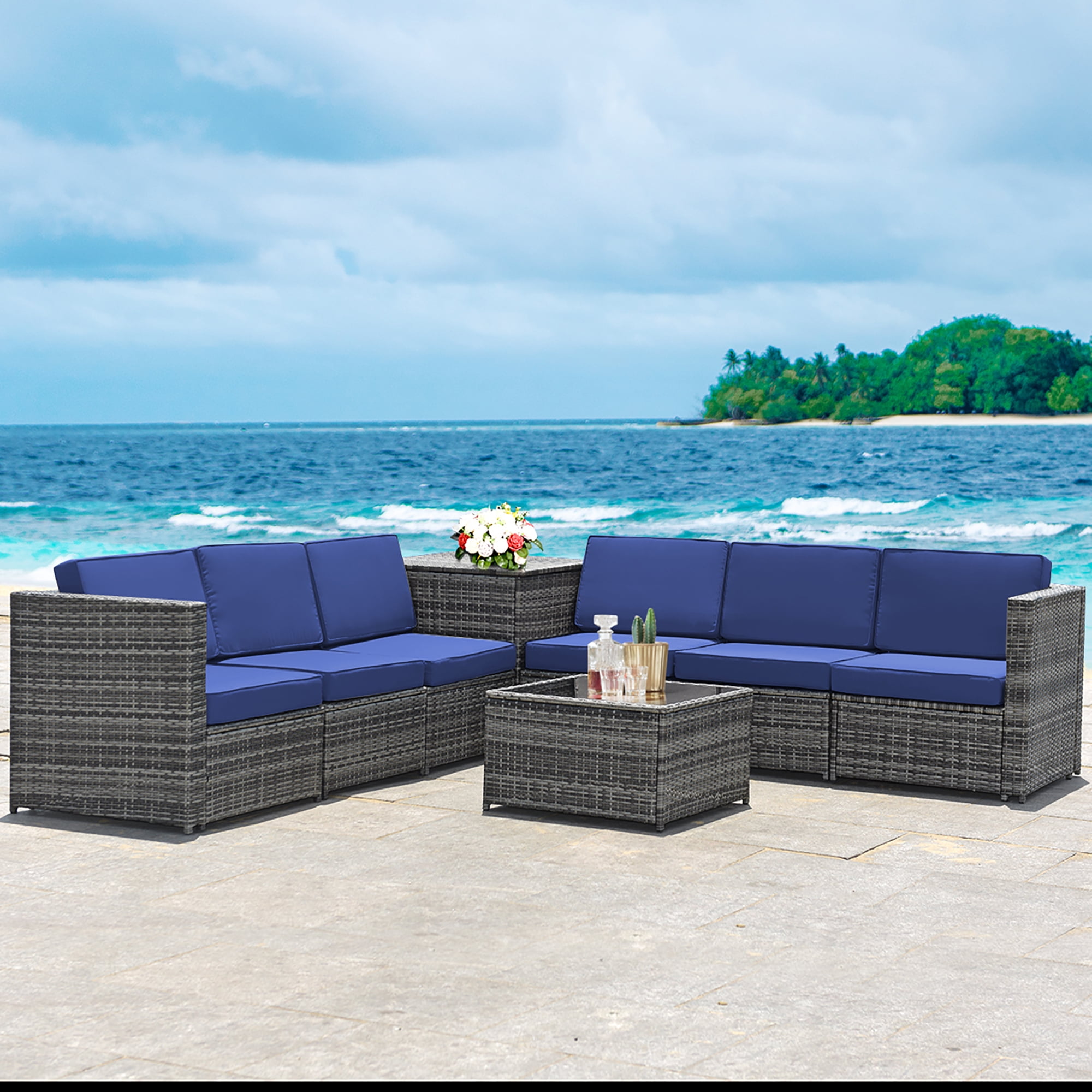 Costway 8 PCS Wicker Sofa Rattan Furniture Set Patio Furniture w/ Storage Table Navy