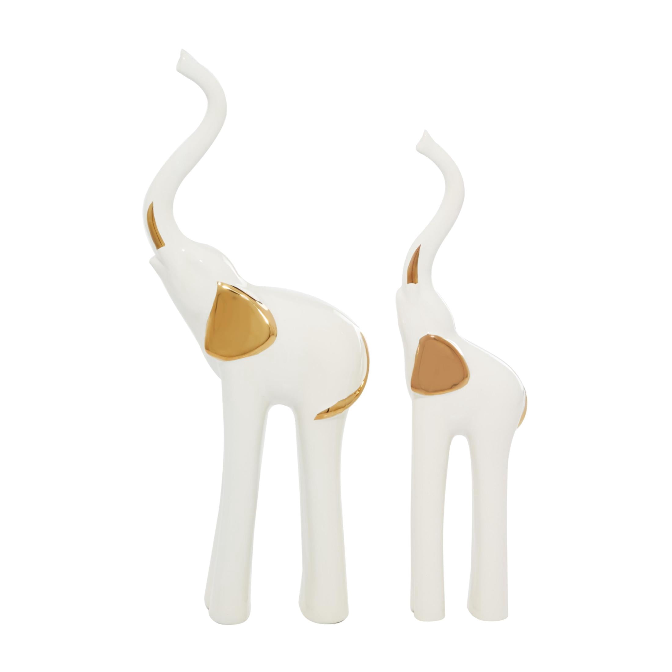 4"W, 14"H Gold Porcelain Ceramic Elephant Sculpture, by DecMode (2 Count)