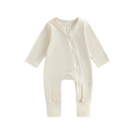 

Qtinghua Newborn Baby Girl Boy Jumpsuit Solid Color Long Sleeve Zipper Ribbed Romper Spring Autumn Clothes Beige 12-18 Months
