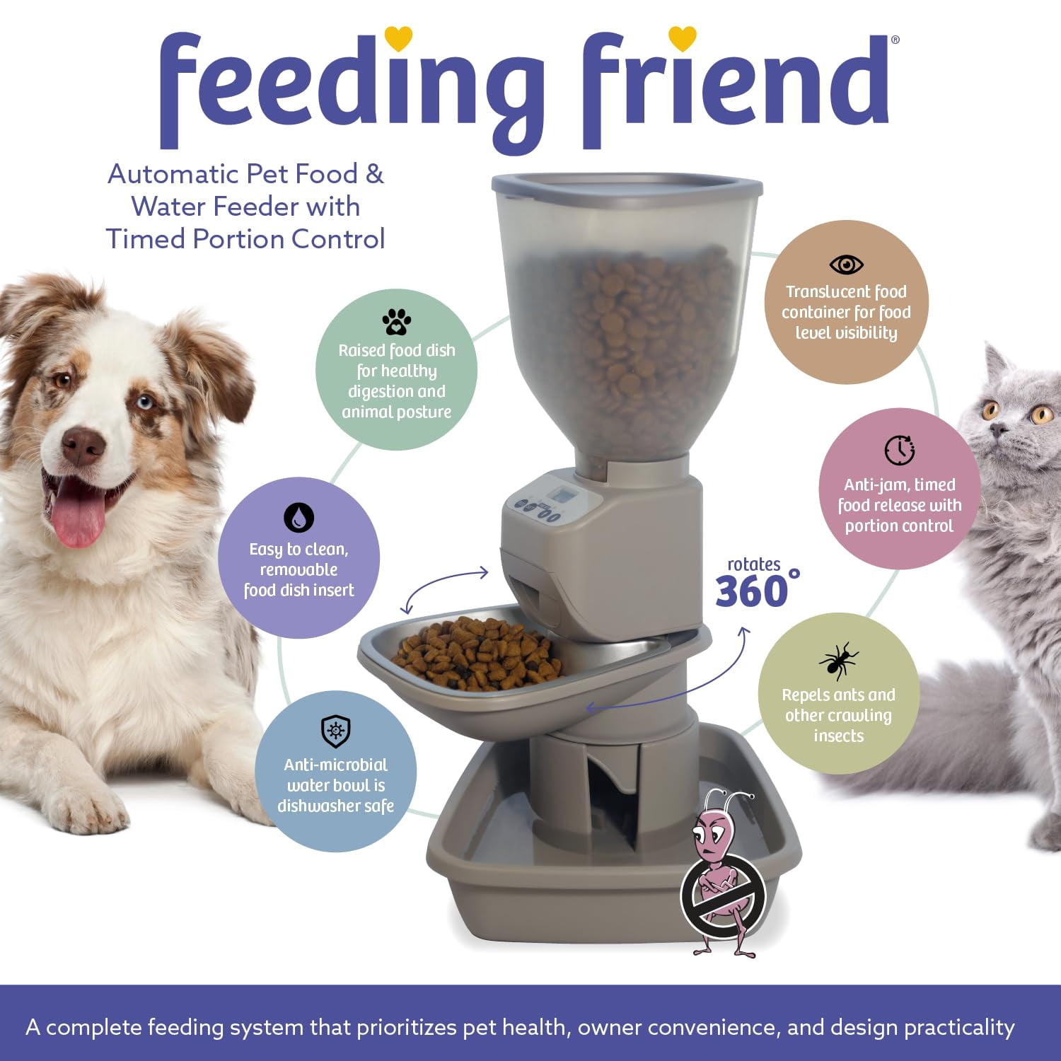 Feeding Friend Automatic Dog & Cat Food Feeder with Water Dispenser – Smart Pet Feeder with Portion Control, OLED Display, Anti Jam Design, Battery Operated Dispenser for Medium Pets 15-30 lbs- Taupe