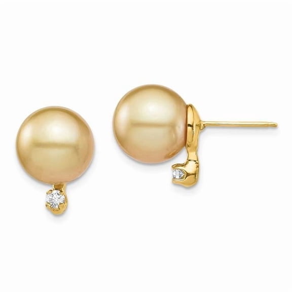 14k 9-10mm Round Golden South Sea Saltwater Cultured Pearl and .10 Carat Diamond Post Earrings XF747E