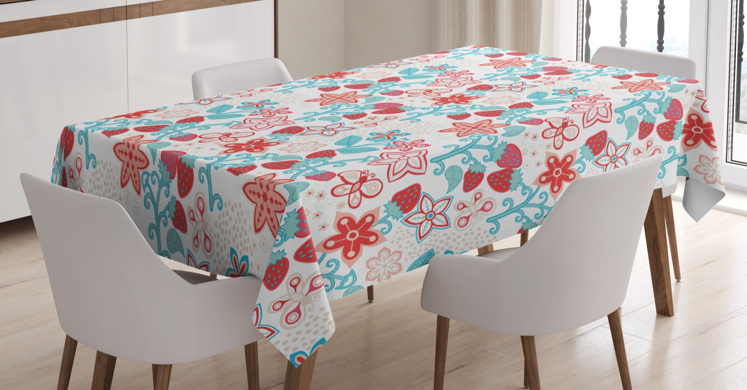 Ambesonne Floral Tablecloth Rectangular Table Cover for Dining Room Kitchen Decor 60 X 84 Flowers Ladybugs Butterflies Strawberries Playroom Pattern Dark Coral Aqua 