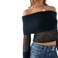 thumbnail image 2 of Fortune Women Off Shoulder Sweater Mesh Knit Cropped Pullover Solid Color Long Sleeve Slim Fit Crop Top, 2 of 6