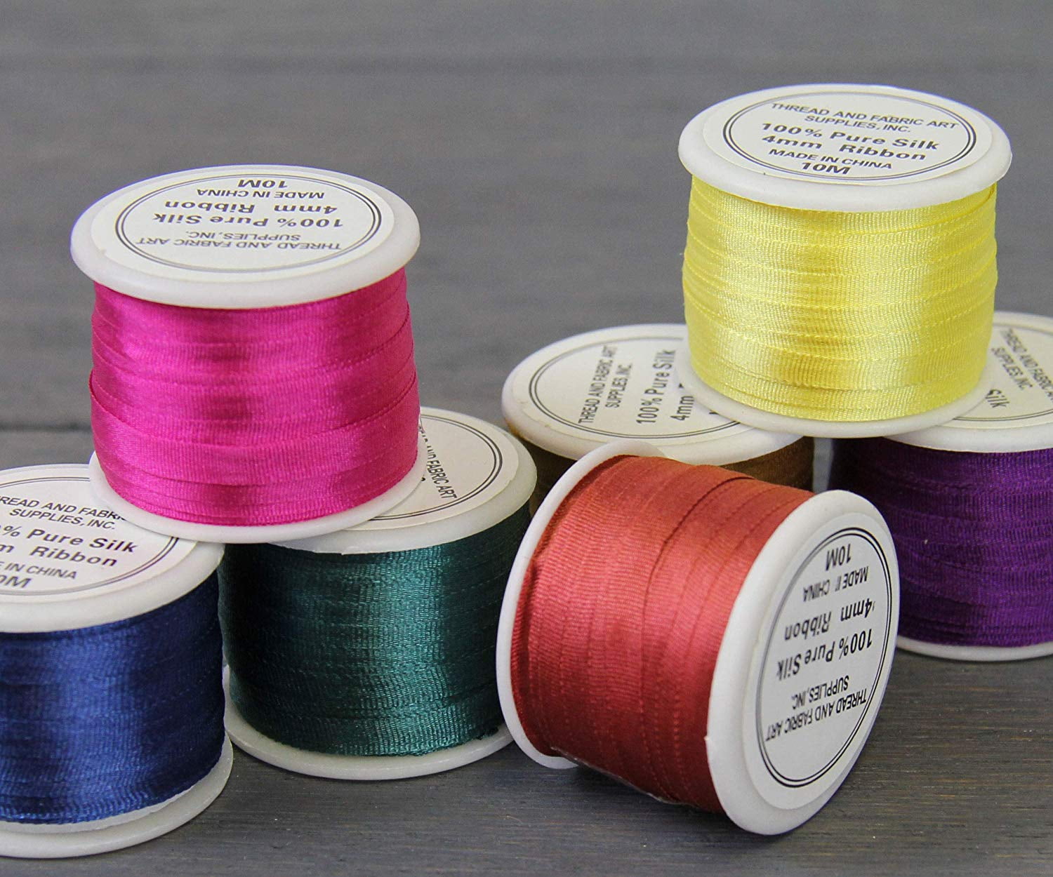 Threadart 2mm Silk Ribbon Set - Essential Colors - Five Spool Collection - 100% Pure Silk Ribbon - 10m (11yd) Spools - 55 Yards of Ribbon
