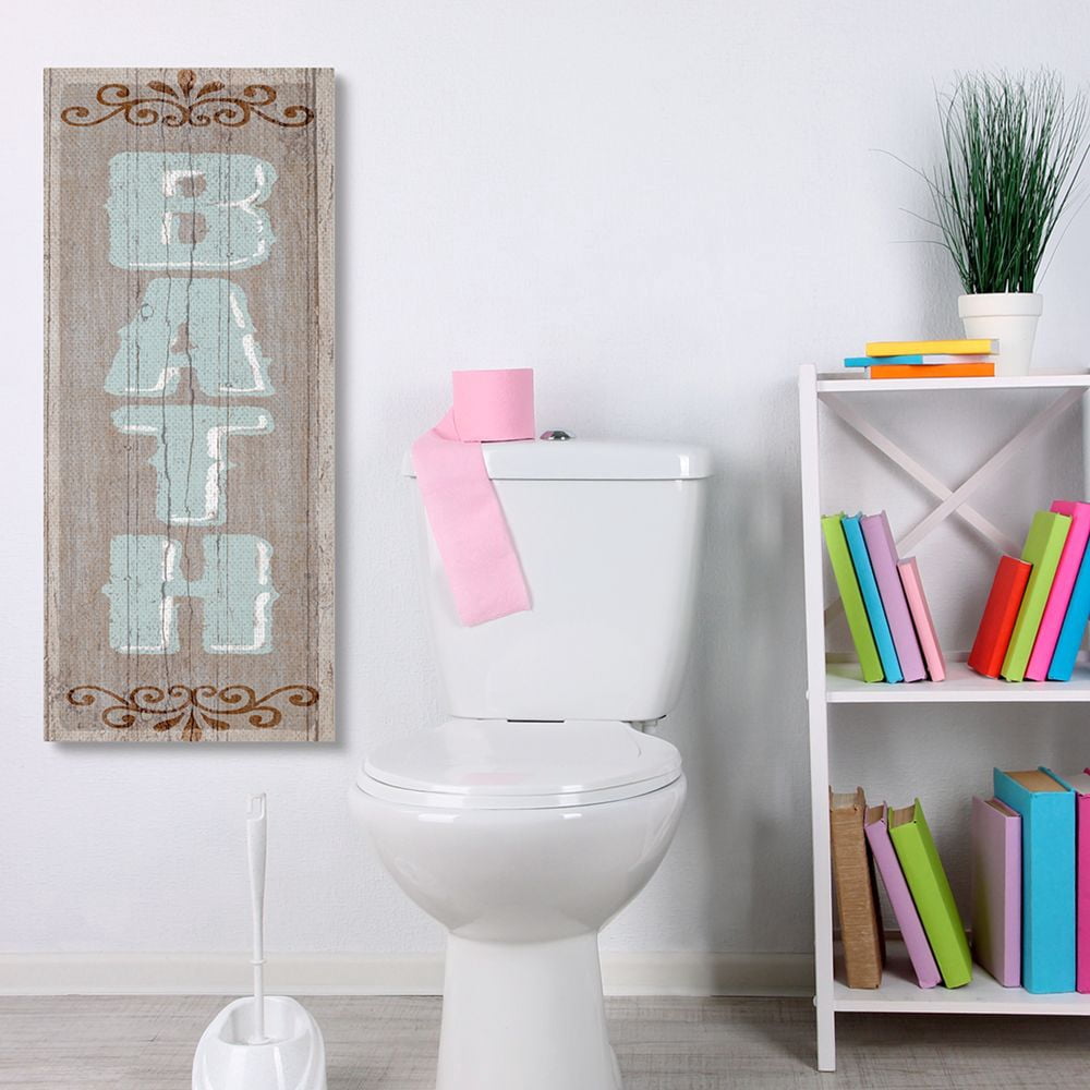 Stupell Industries Rustic Charm Bath Sign Blue Brown Family Bathroom Canvas Wall Art Design by Art Licensing Studio