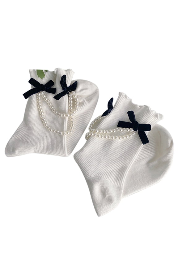 Women Kawaii Short Ankle Socks Gothic Lolita Bow Pearl Chain Ruffled Hosiery