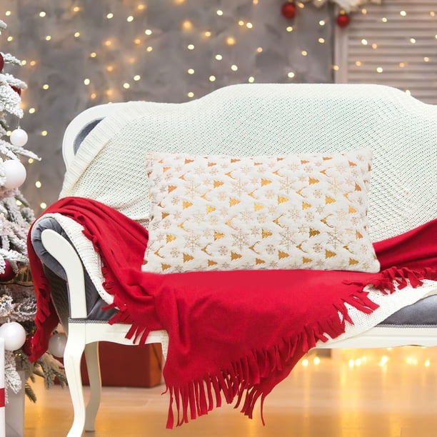 Funda de almohada navideña de felpa con diseño estampado para sofá o cama | Cojín decorativo rojo, verde y blanco | 30 x 50 cm, poliéster suave
