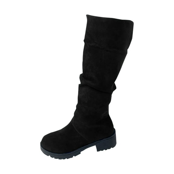 Black Ladies Mid Calf Boots With Buckle Accent Pointed Toe High Heel Foldable Design