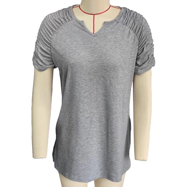 Top fruncido de manga corta, camiseta de cuello en V para mujer Top fruncido de manga corta con cuello en V para mujer Solución innovadora