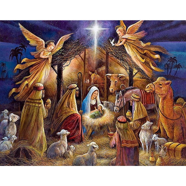 cuadros decorativos bordado completo nacimiento de jesús estampado 11ct kits de punto de cruz diy (s — Vista frontal centrada de lienzo estampado 11CT (36x46 cm / 14.17x18.11 in) que muestra la escena del nacimiento de Jesús en el pesebre: María con el niño en la paja, pastores, tres reyes, ovejas, vaca y camello, dos ángeles en vuelo y una estrella brillante sobre el establo; textura y colores que evocan hilo de algodón y guía de símbolos impresos; borde blanco aprox. 4 cm; ideal para decoración navideña y proyecto DIY de punto de cruz, también adecuado como regalo artesanal.