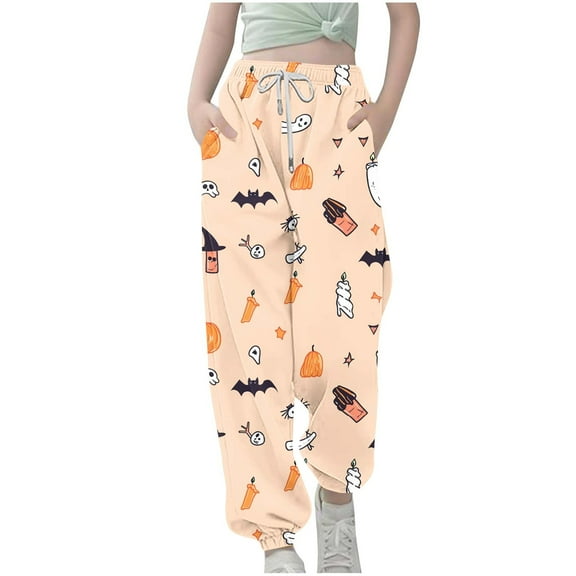 Unisex Kids Halloween Print Wide Leg Sweatpants Girl's Baggy Straight Loose Sweat Pants High Waist Causal Kids Athletic Pants with Pockets Beige 5-6 Years