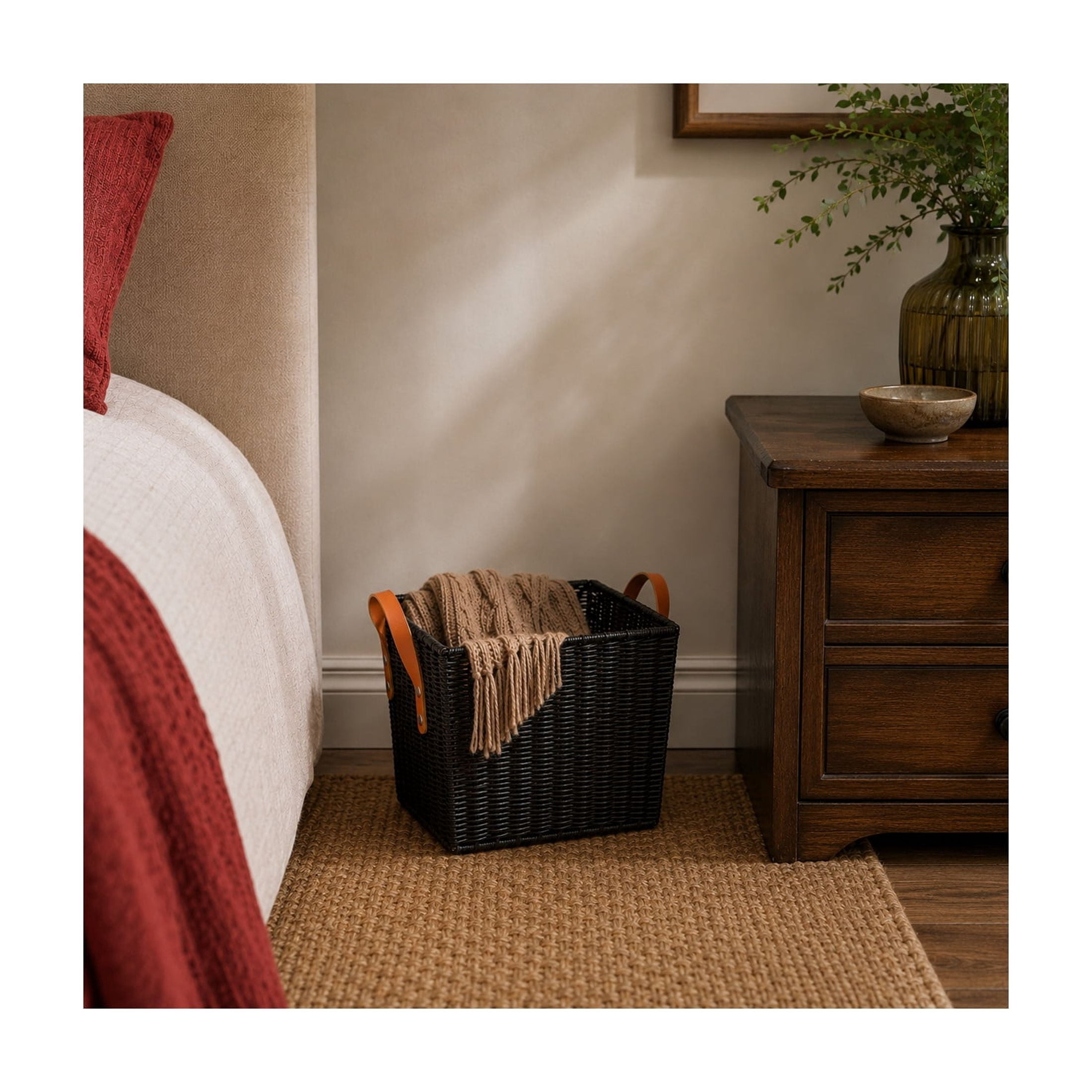 DecMode 12" x 11" Black Rattan Handmade Woven Storage Basket with Brown Leather Handles, 1-Piece
