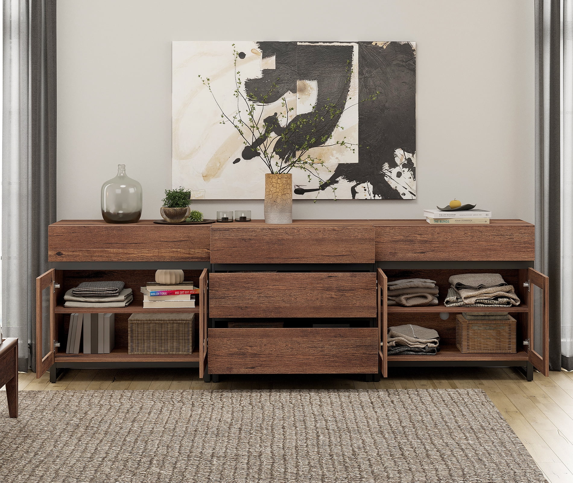 3 In 1 Multifunctional Dresser with Glass Doors & 5 Drawers, Modern Chest of Drawers with Adjustable Shelf and Metal Base, Household Storage Cabinet for Bedroom,Brown