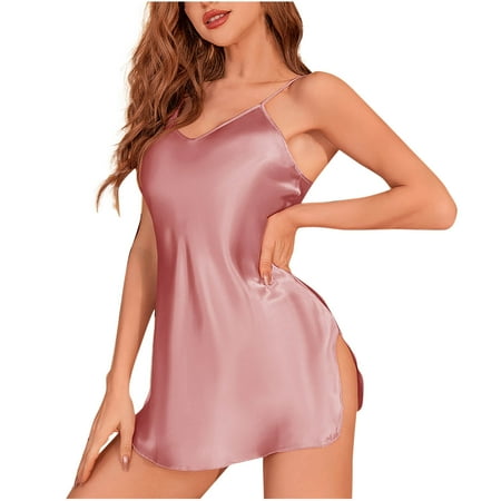 juhao Clearance Womens Satin Nightgown Babydoll Lingerie Sleepwear Spaghetti Strap V Neck Chemise Side Split Slip Satin Silk Sleep Dress for Women