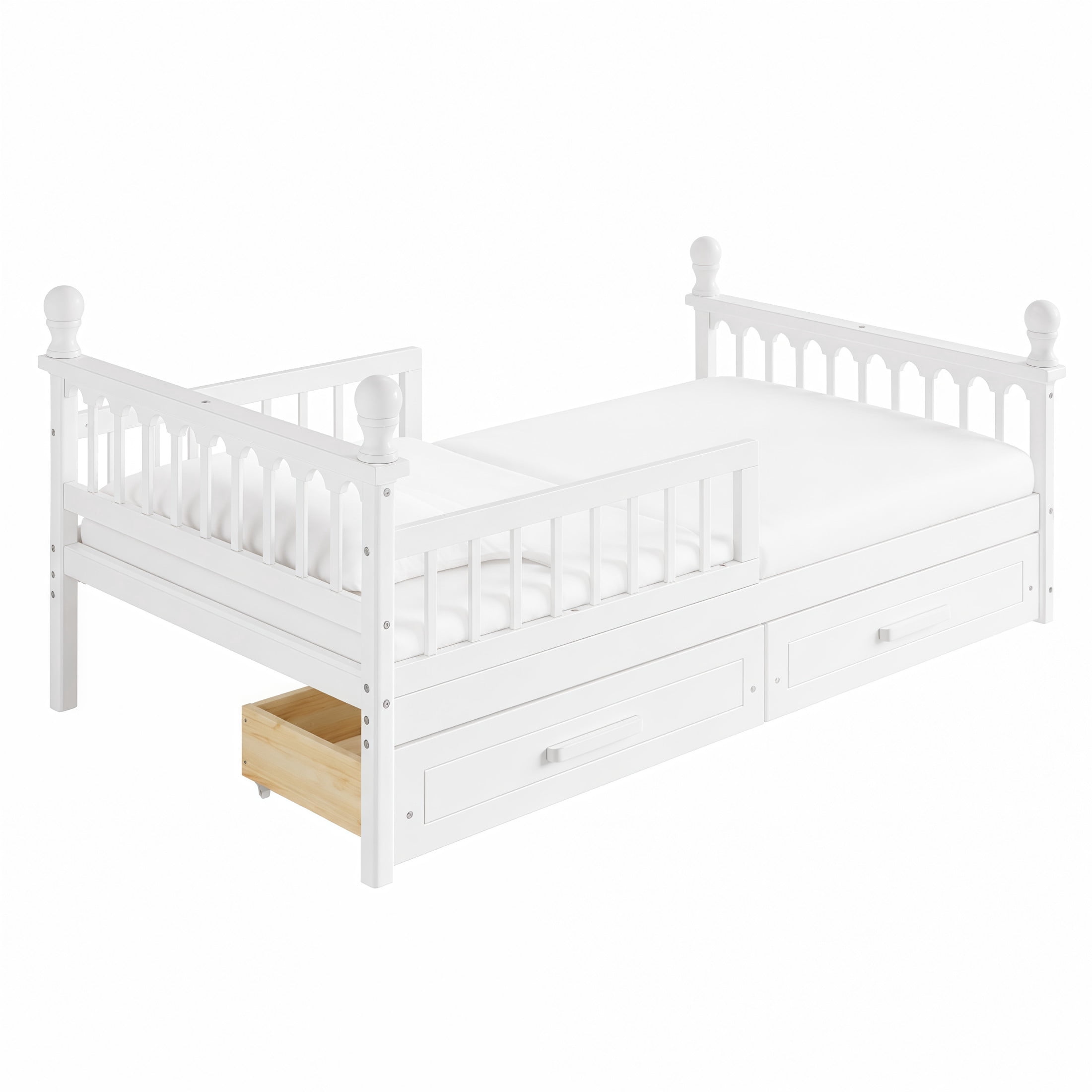 Noble House Orielle Twin Kids Bed Frame with Storage Drawers, Low-Profile Platform Bed with Safety Guardrails, White