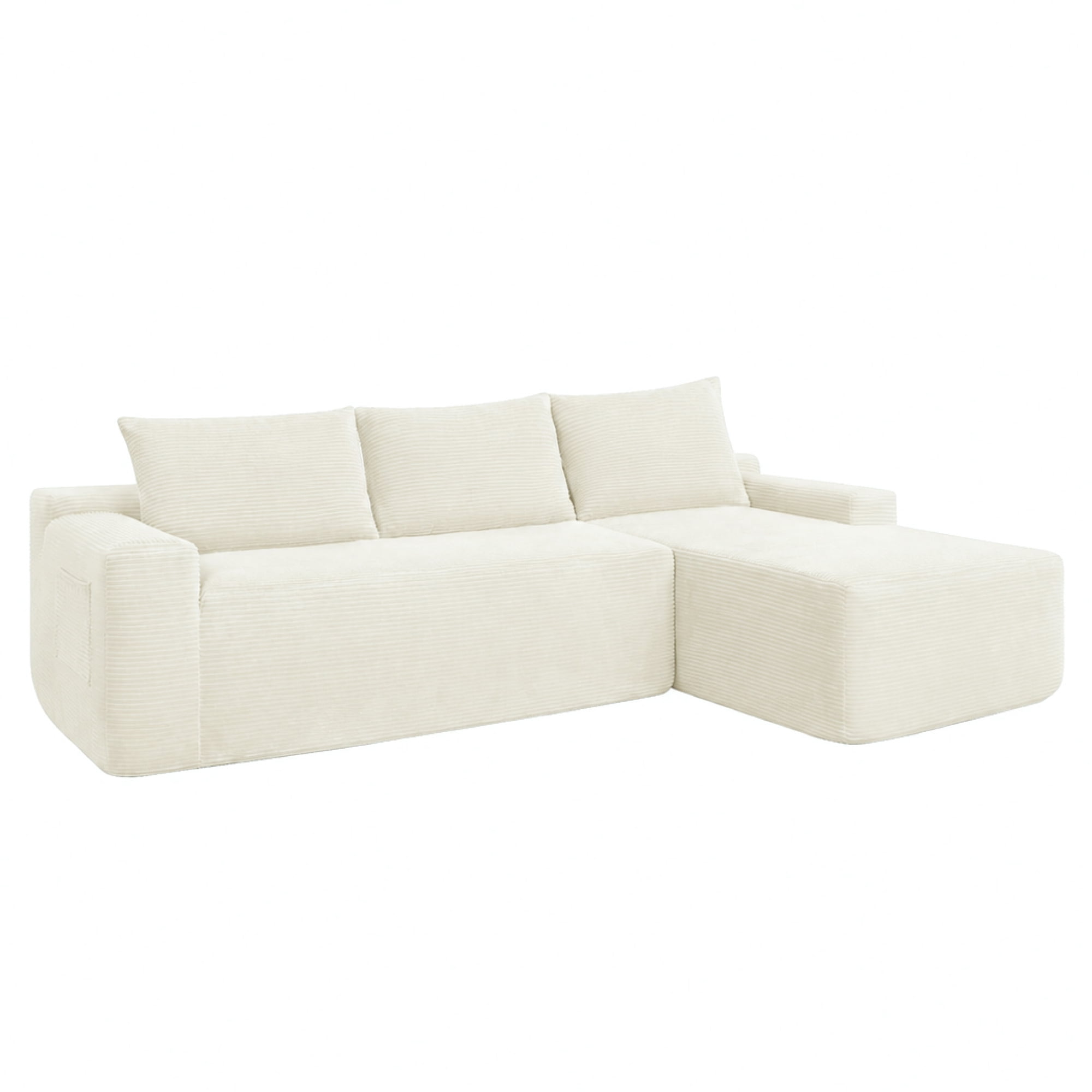 Leumius 96.9" L-Shaped Modular Sectional Sofa with Chaise,Cloud Sectional Couch with Deep Seat and Side Pockets,Comfy Corduroy Upholstered Boneless Couches for Living Room,No Assembly,White