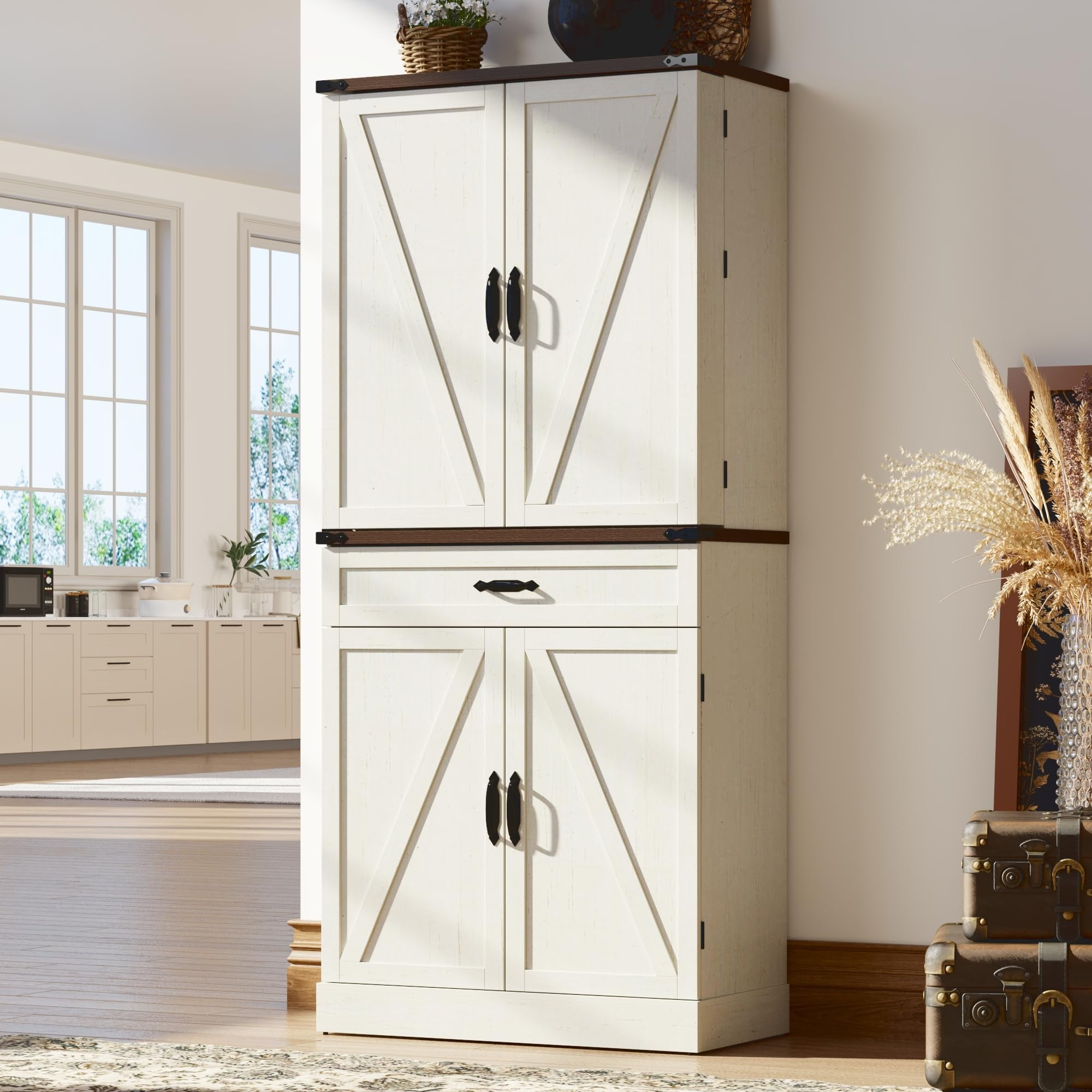 71" Tall Farmhouse Kitchen Pantry Cabinet with 6 Side Shelves & 3 Storage Drawer, Multifunctional Pantry Organizer with Adjustable Shelves & Load-Bearing Steel Pipe for Kitchen,Living Room, White
