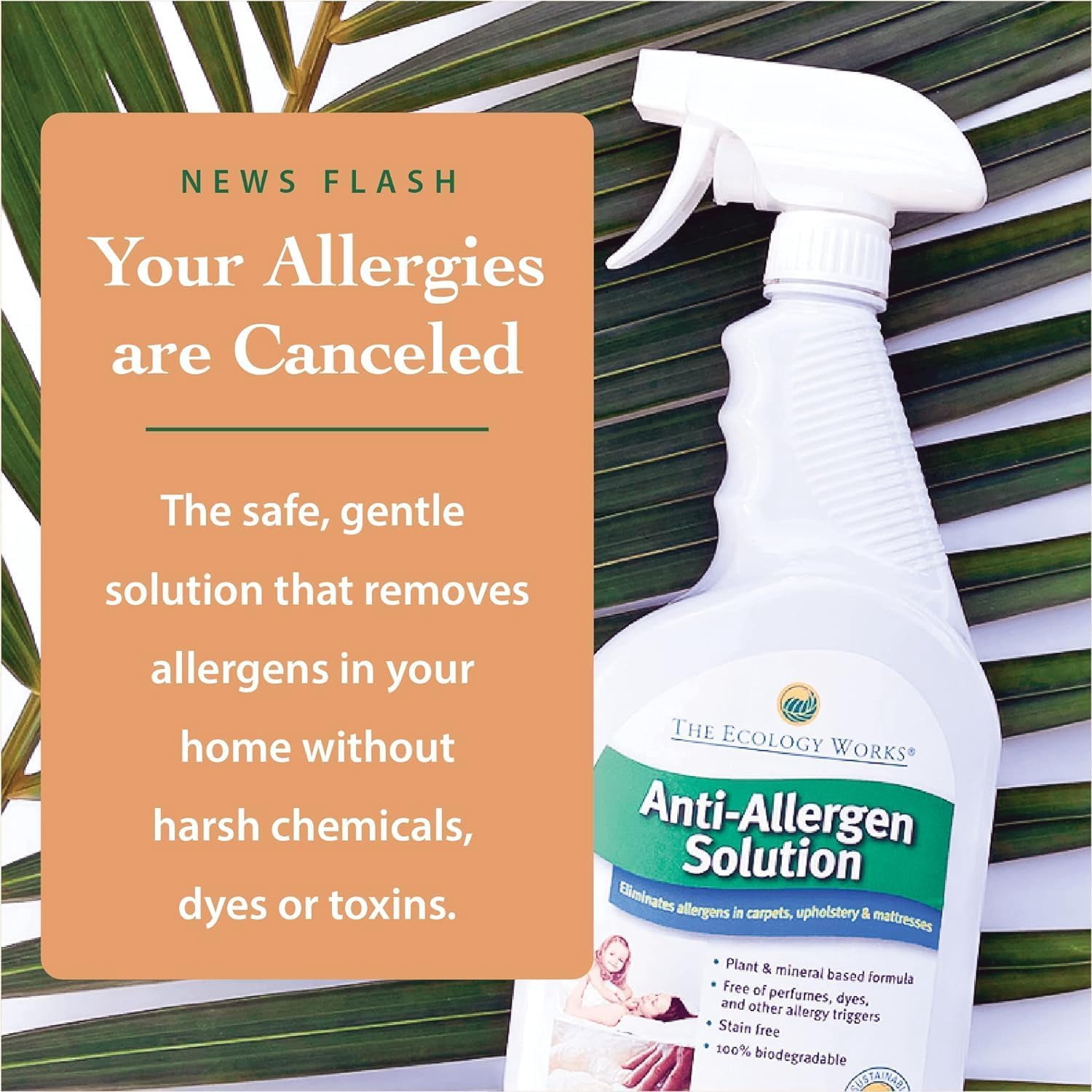 The Ecology Works- Plant-Based Dog & Cat Allergy Spray, Dander Remover & Dust Mite Waste Reducer for Relief from Allergies - Cleans Home, Bedding & Furniture Naturally, Fragrance-Free (32 oz)