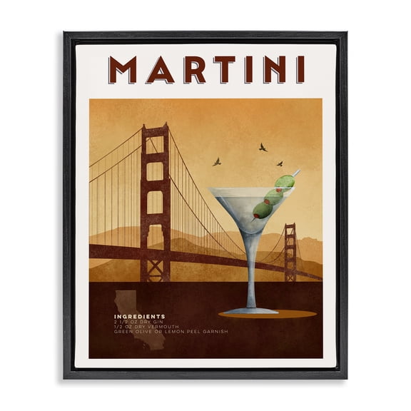 Retro Martini & Bridge View Black Framed Floater Canvas Wall Art, design by Brett Blumenthal