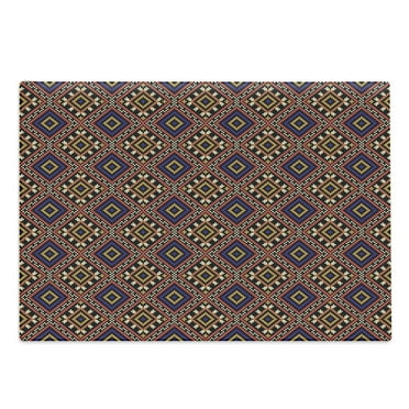 Ukrainian Cutting Board, Traditional Design Cultural Ornament Pattern Vintage Geometrical, Decorative Tempered Glass Cutting and Serving Board, Large Size, Multicolor, by Ambesonne
