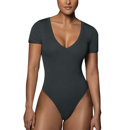 Womens Bodysuit Tummy Control Clearance Short Sleeves V Neck Basic Casual Body Suit Snatched Waist Tummy Control Soft Body Suits Seamless Shapewear Bodysuits Deals Today