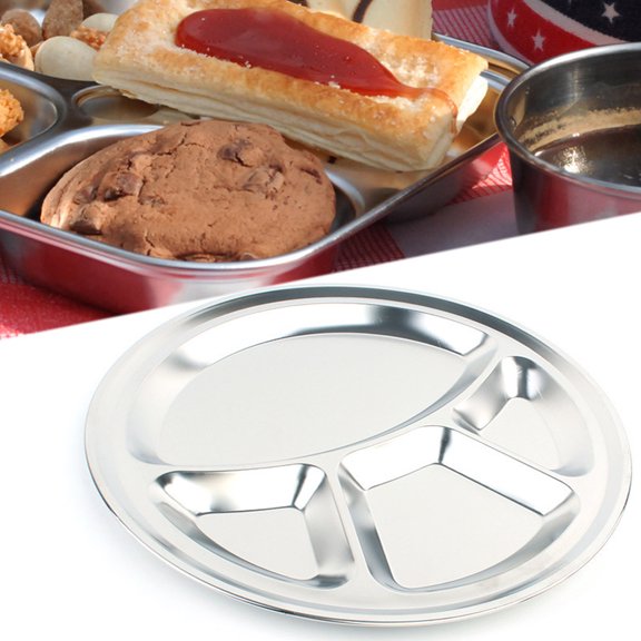 ETEREAUTY Stainless Steel Round Divided Plate Silver Color for Family and Restaurant Use
