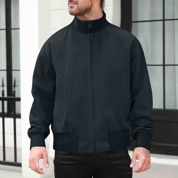 Men's Baseball Bomber Jacket Long Sleeve Zipper Stand Collar Sports Outdoor Fashion Jackets Coat with Pockets (XL, Navy)