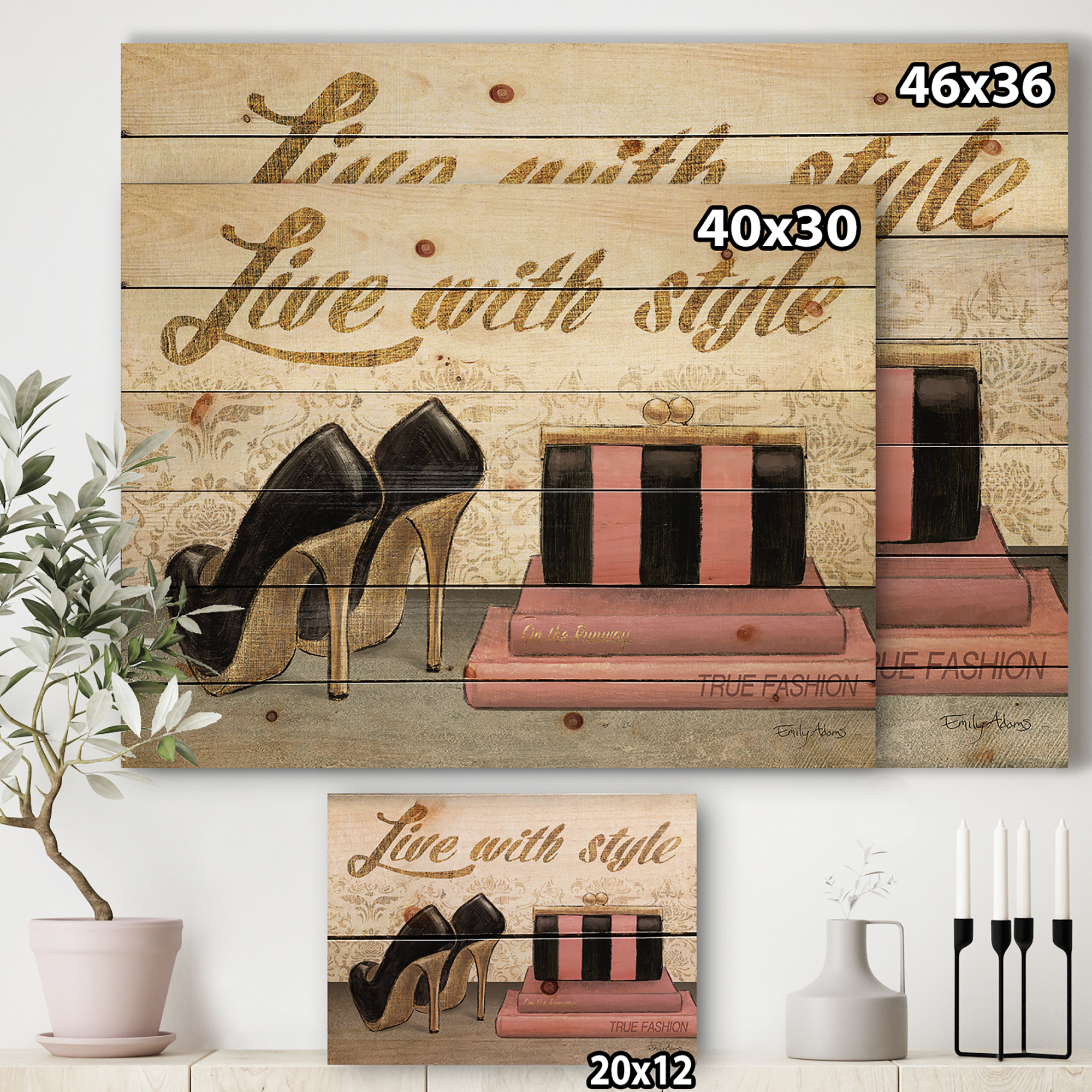 Designart 'Gold Fabulous Fashion Life Style II' Fashion Print on Natural Pine Wood