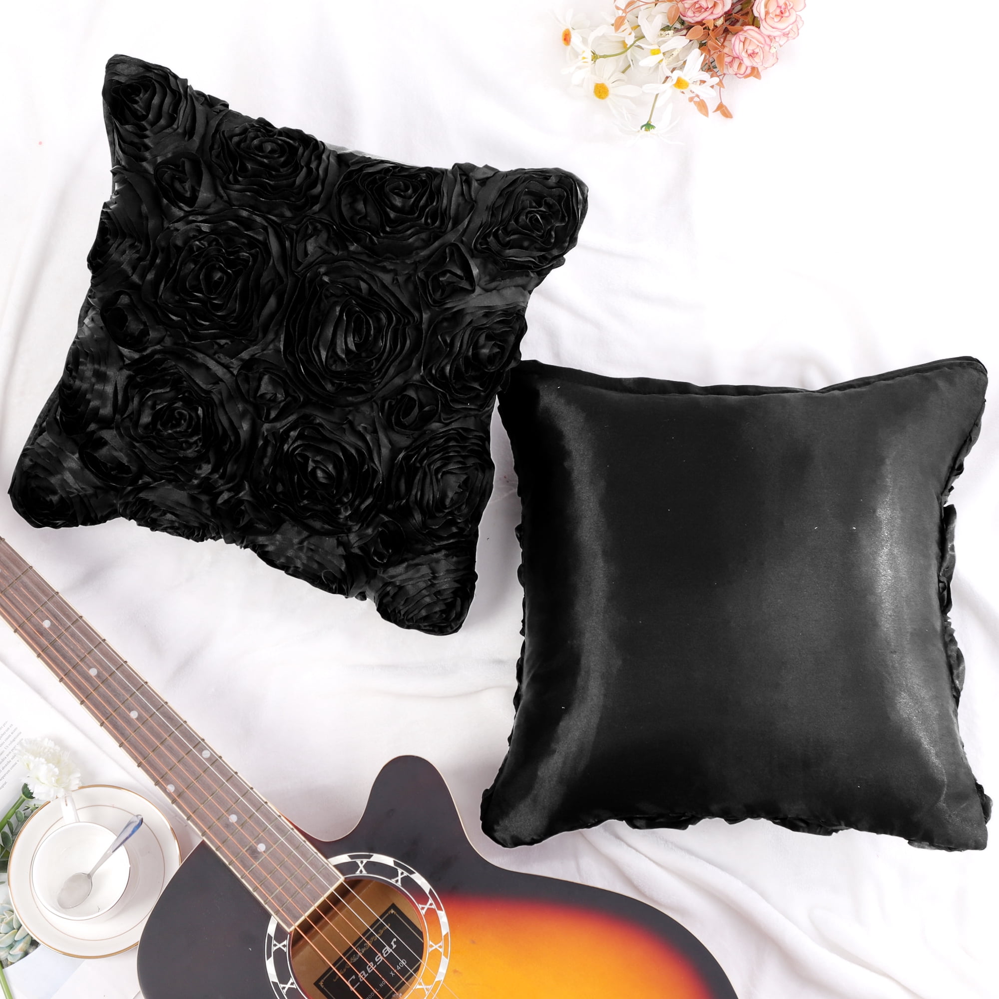 PiccoCasa Decorative Throw Pillow Covers 3D Satin Rose Flower Shells Cushion Covers, 2Pcs, 16"x16" Black
