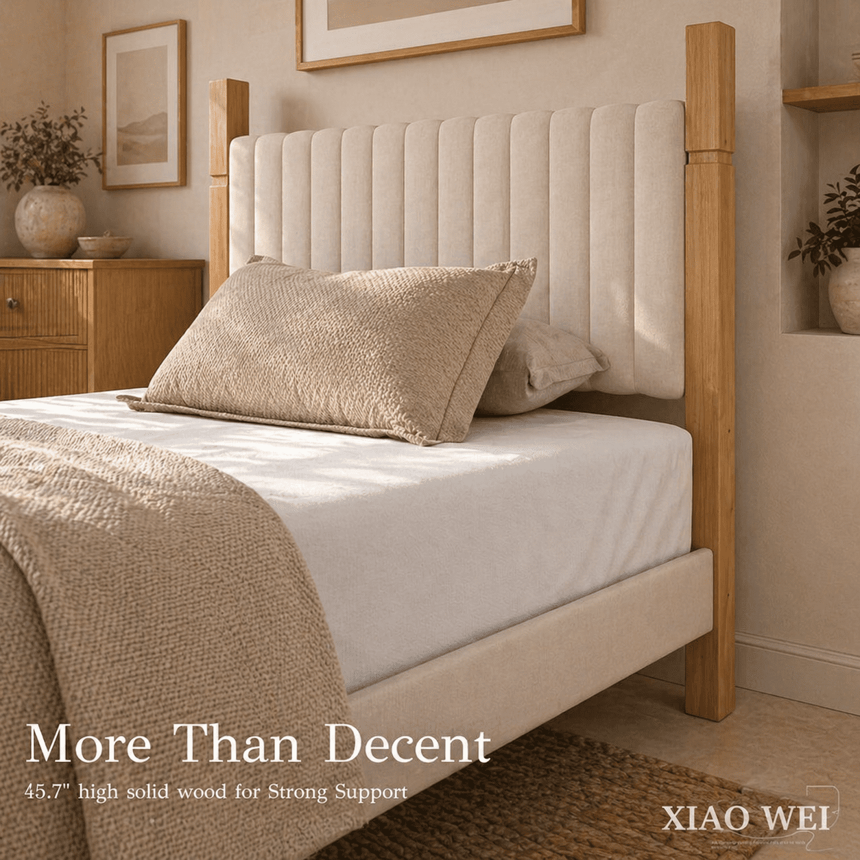 XIAO WEI California King Bed Frame with Upholstered Headboard, Solid Wood, Beige