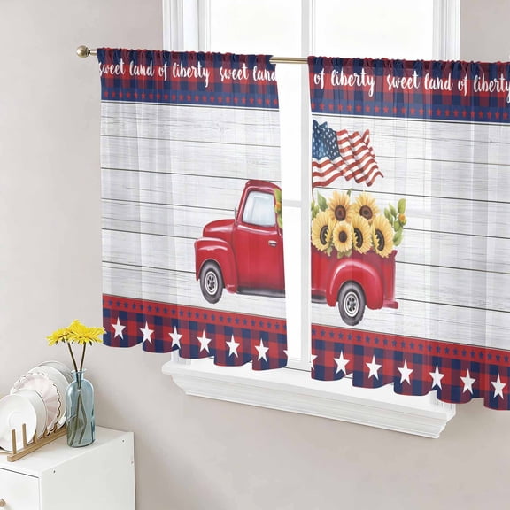 Sheer Curtains 45 Inch Length 2 Panels Set for Kitchen, Independence Day Semi Sheer Curtains for Windows, Red Truck Flag Sunflowers Wooden Grain Voile Window Treatments Rod Pocket Curtain