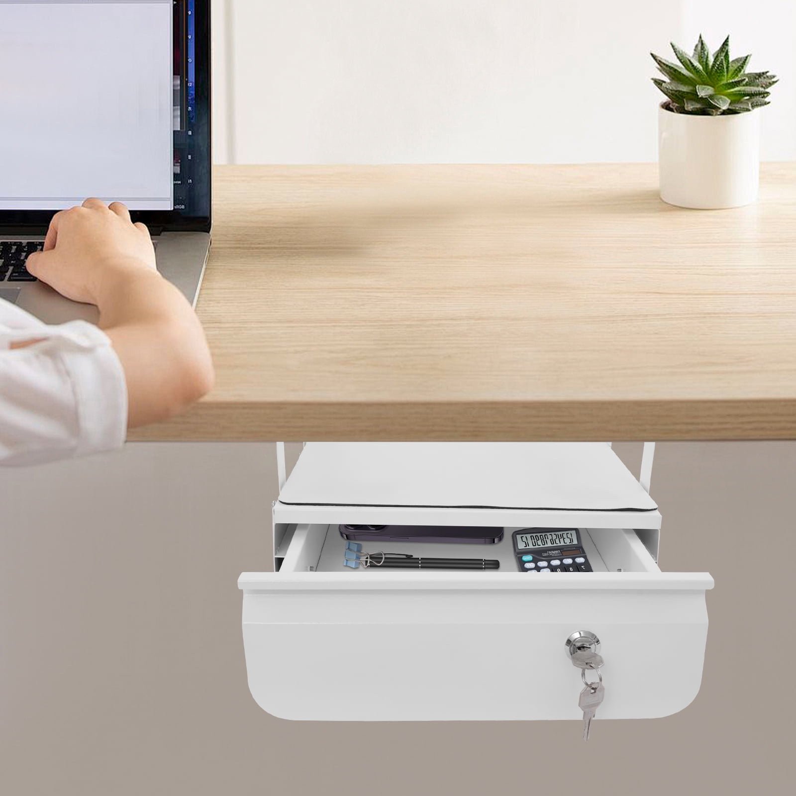 Wildnix Under Desk Mounted Pull-Out Drawer, Space-Saving Design, Sturdy Steel Construction with Locking Feature for Office and Study Use