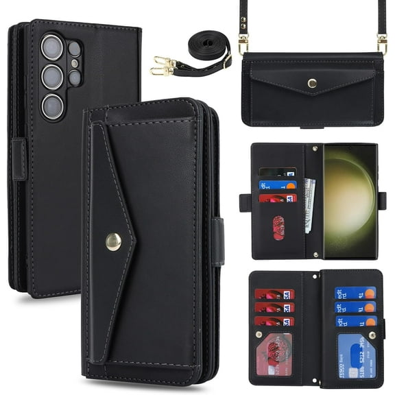for Samsung Galaxy S23 Ultra 5G Wallet Case with Crossbody Lanyard Strap,Galaxy S23 Ultra 5G Flip PU Leather Phone Case Purse Cover for Women Men with 9 Card Slots,Coin Pocket 6.8",Black