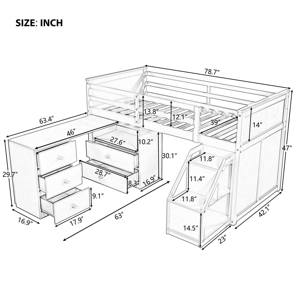 Kepooman Solid Hardwood Twin Size Loft Bed, Modern Bunk Bed With Storage Steps and Portable Desk, White Kepooman Solid Hardwood Twin Size Loft Bed, Modern Bunk Bed With Storage Steps and Portable Desk, White