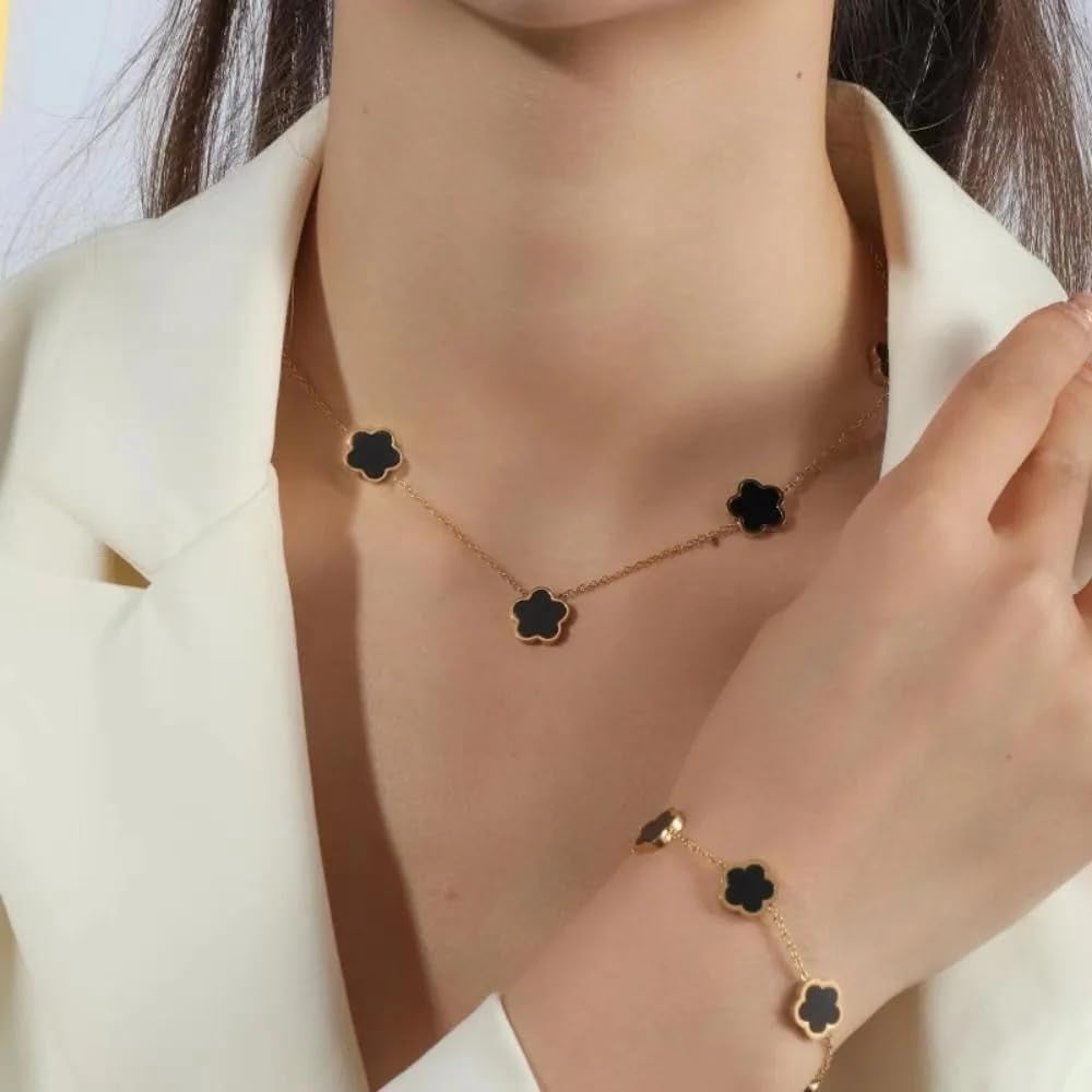 Clover Jewelry Set 18K Gold Plated Stainless Steel Necklace with Flower Design Four leaf clover for Women, Elegant Four Leaf Clover Necklace Floral Style Jewelry