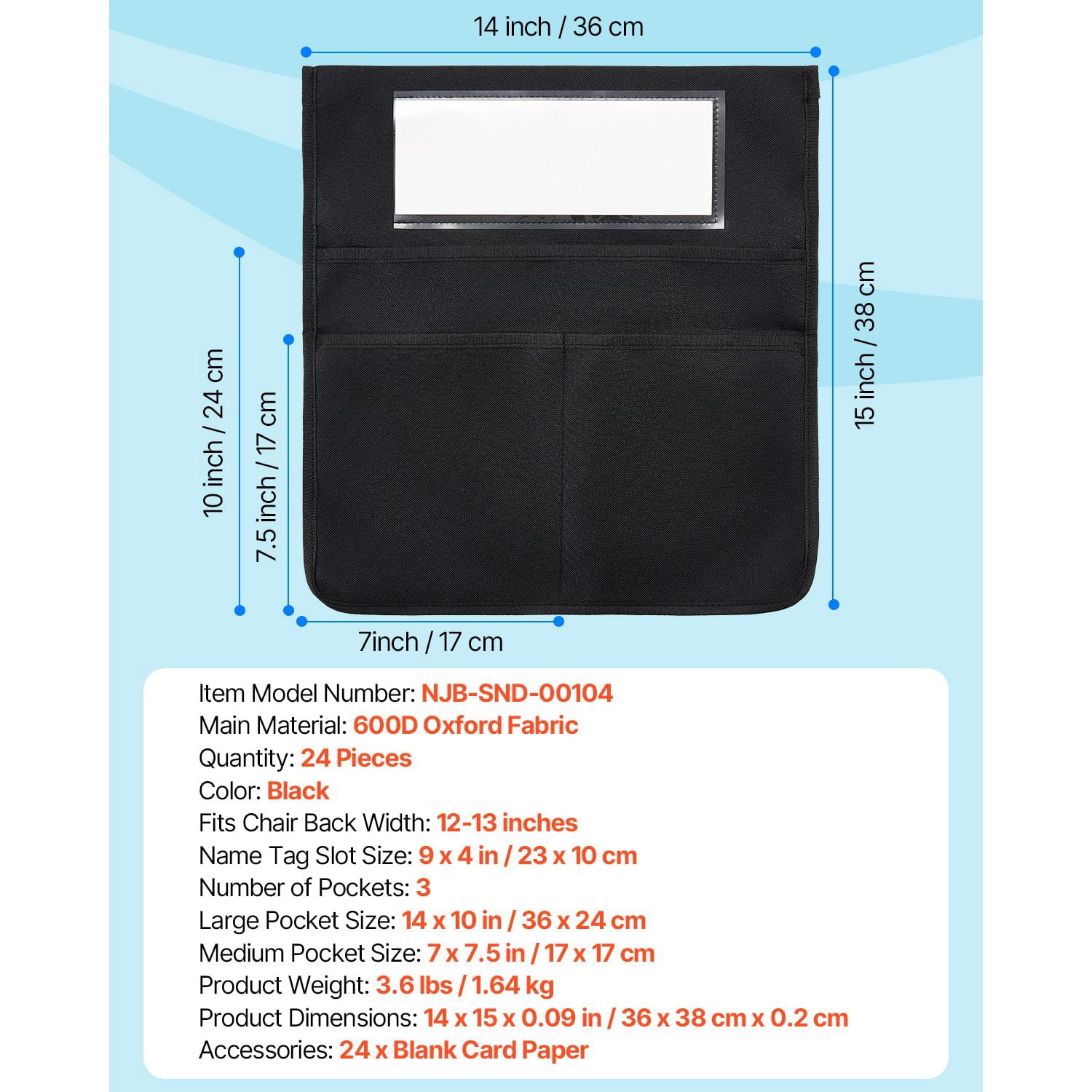 Chairback Pocket 24-Piece 14x15 Inch 600D Oxford Fabric 1 Large + 2 Medium Pockets Fits 12-13 Inch Chairs for Grade K-6
